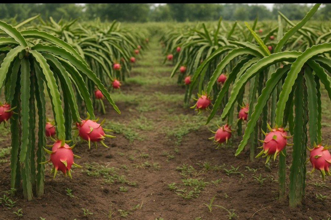 Ripe dragon fruit on the vine